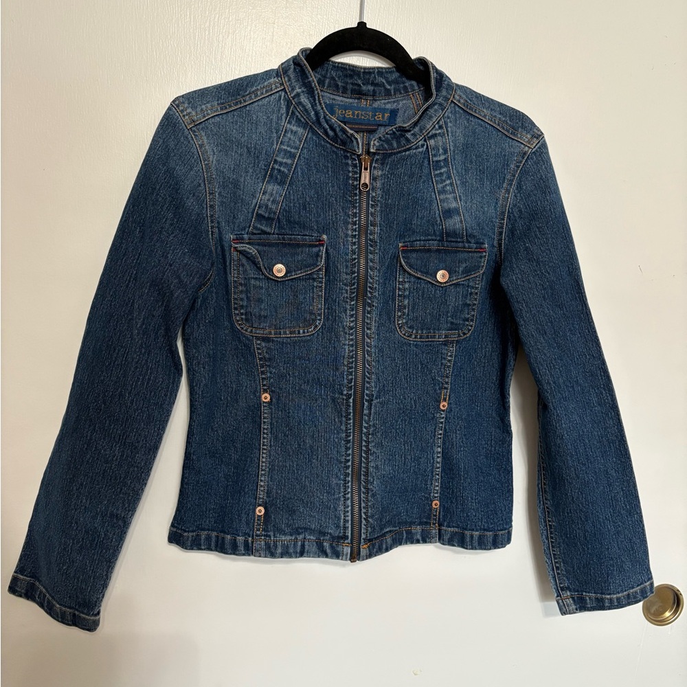 Jeanstar Blue Denim Jacket Womens Moto Biker Style Collar Zip Front